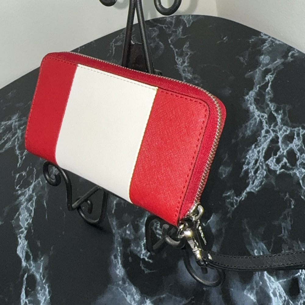 Michael Kors Large Wallet Wristlet Clutch Leather Zip Red White AUTHENTIC - Picture 6 of 9